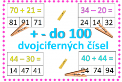 Sčítání a odčítání dvojciferných čísel do 100 + - kolíčkové karty